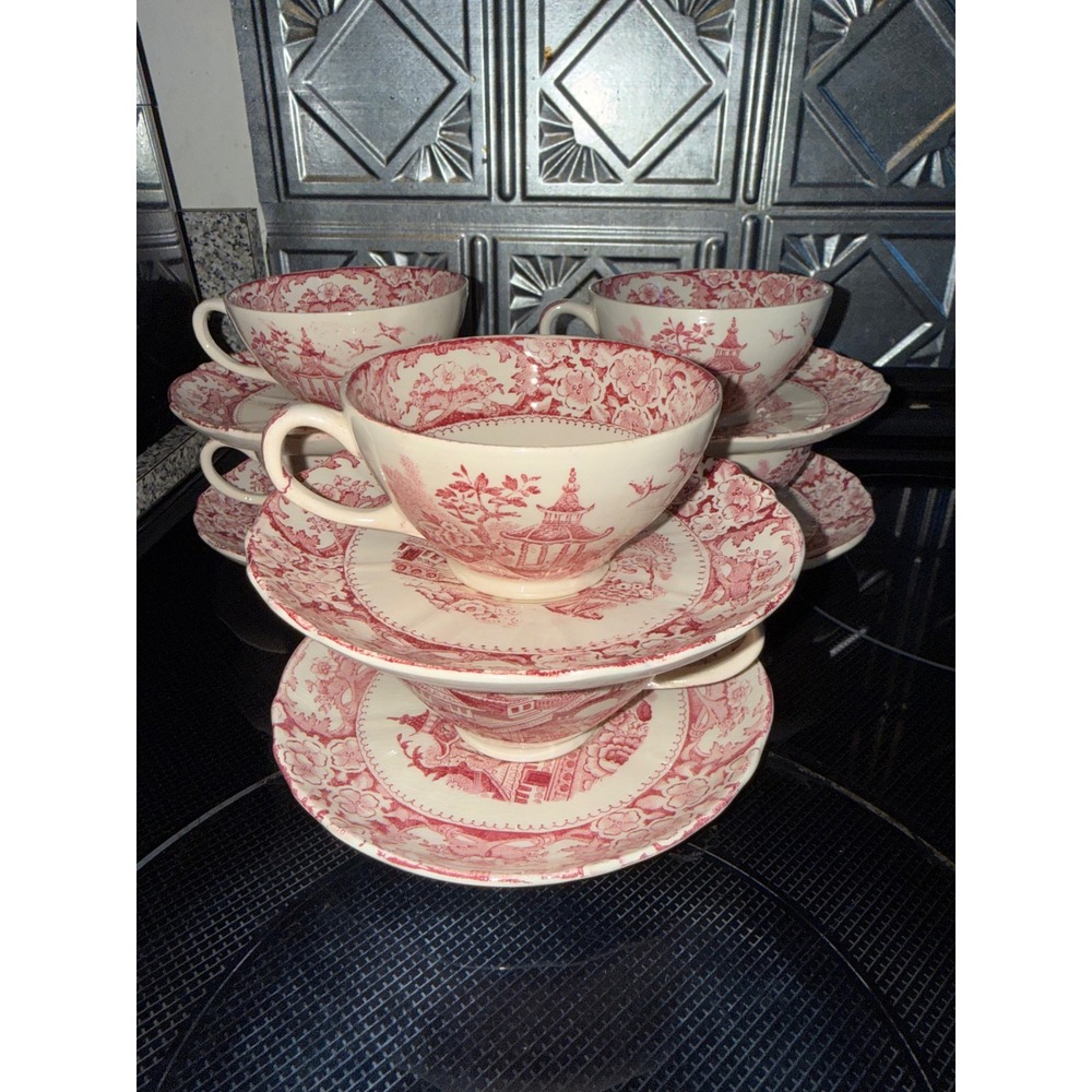 6pc Olde Alton Ware Hampton Ivory England Red Transferware Tea Cup Saucer Set